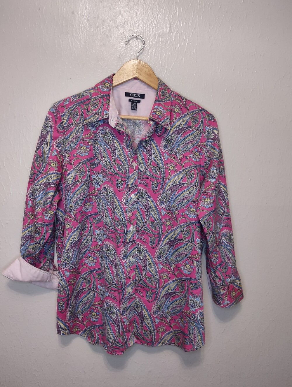 CHAPS No Iron Pink Paidley Button Down Shirt Women XL ‎ 3/4 Sleeve Flip Cuff